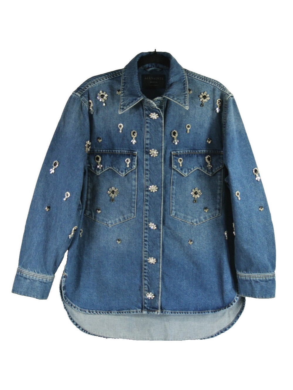 NEW, AllSaints Enna Embellished Denim Snap-Up Shirt in Indigo Sz M #SJ2506 - Picture 5 of 11